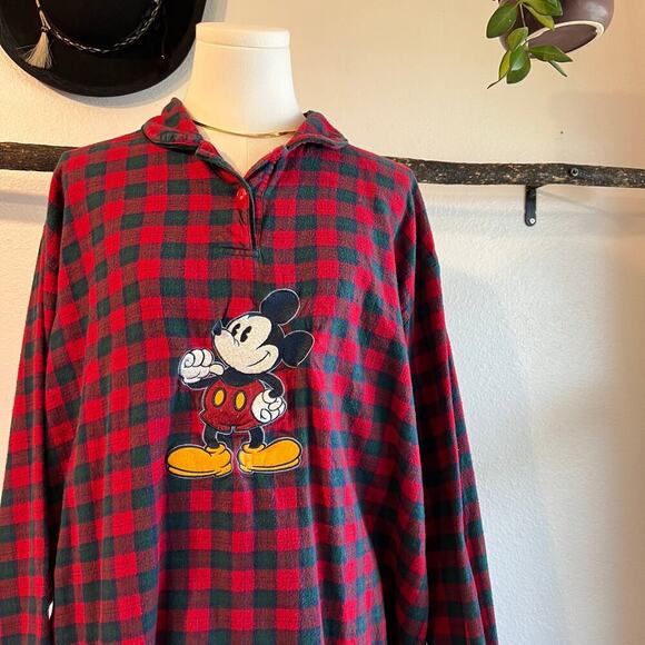 Vintage 90s Disney Mickey Mouse Red Cotton Flannel Sleep Shirt Size XL - Picture 8 of 12
